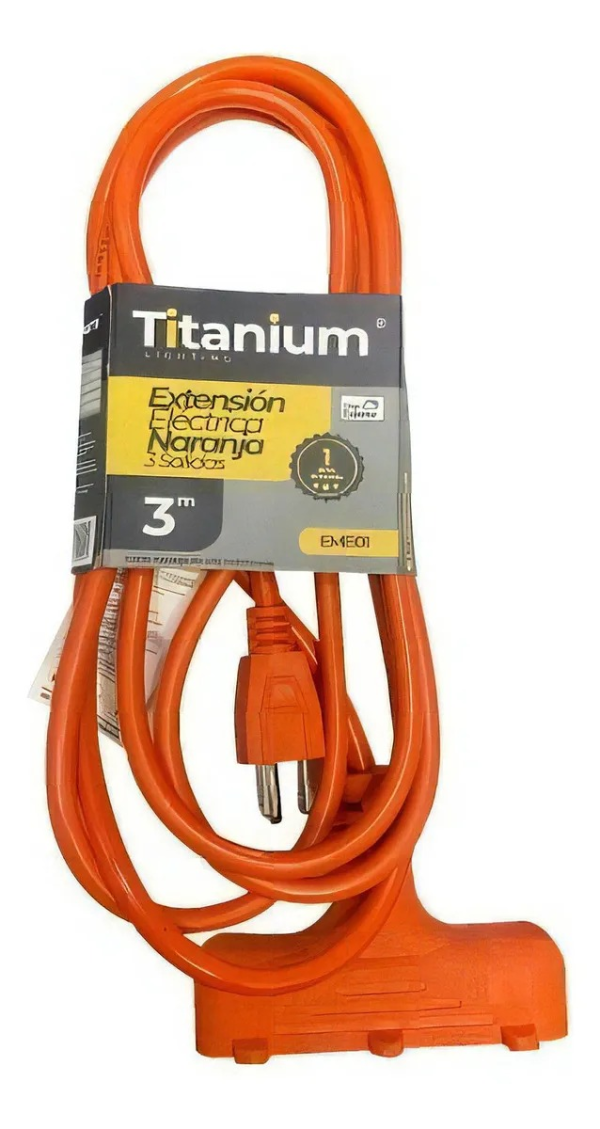 Extensión eléctrica naranja TITANIUM de 3 metros con toma polarizada y cable de alta visibilidad para uso en hogar y exterior